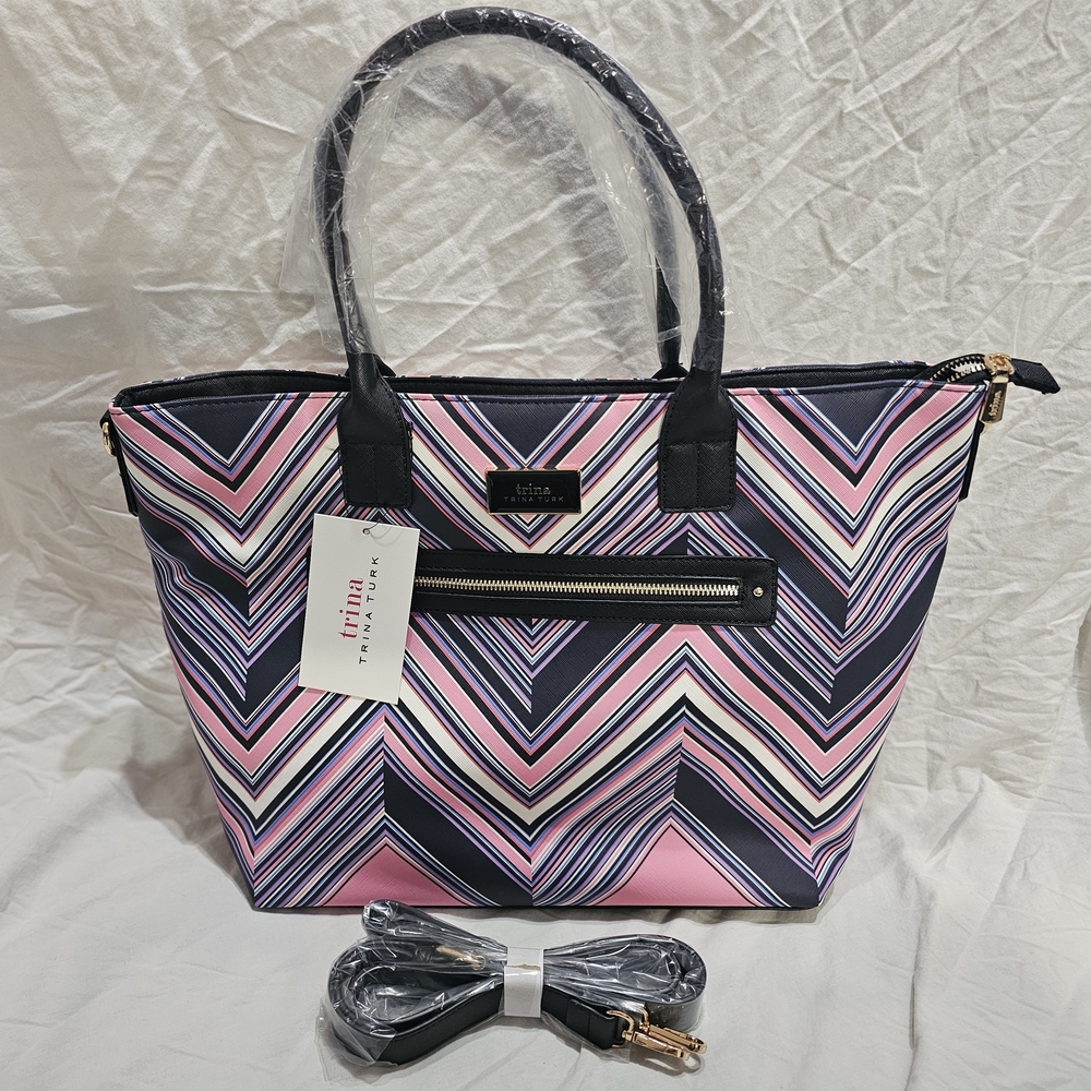 Trina Turk Pink and Black Chevron Tote W/ Detachable Shoulder Strap